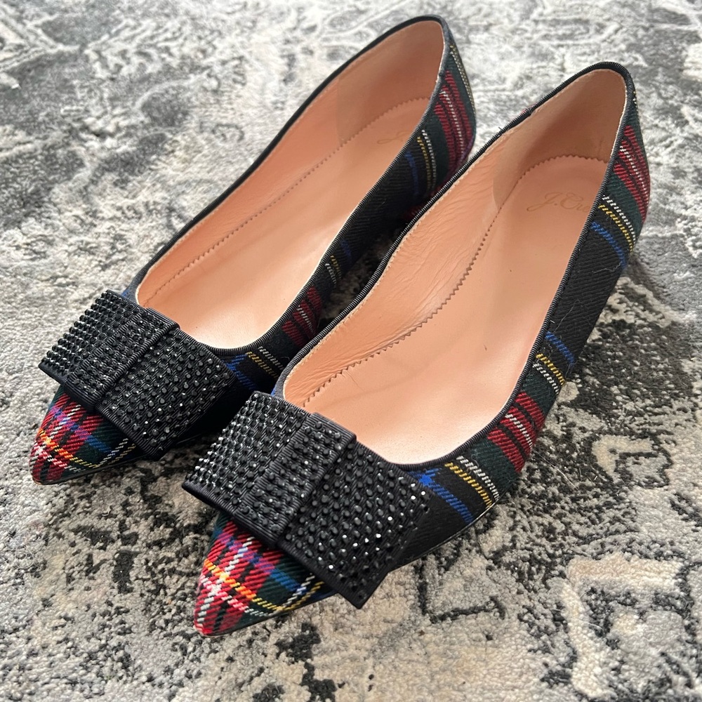 J. Crew Festive Holiday Plaid Flats with sequin bow